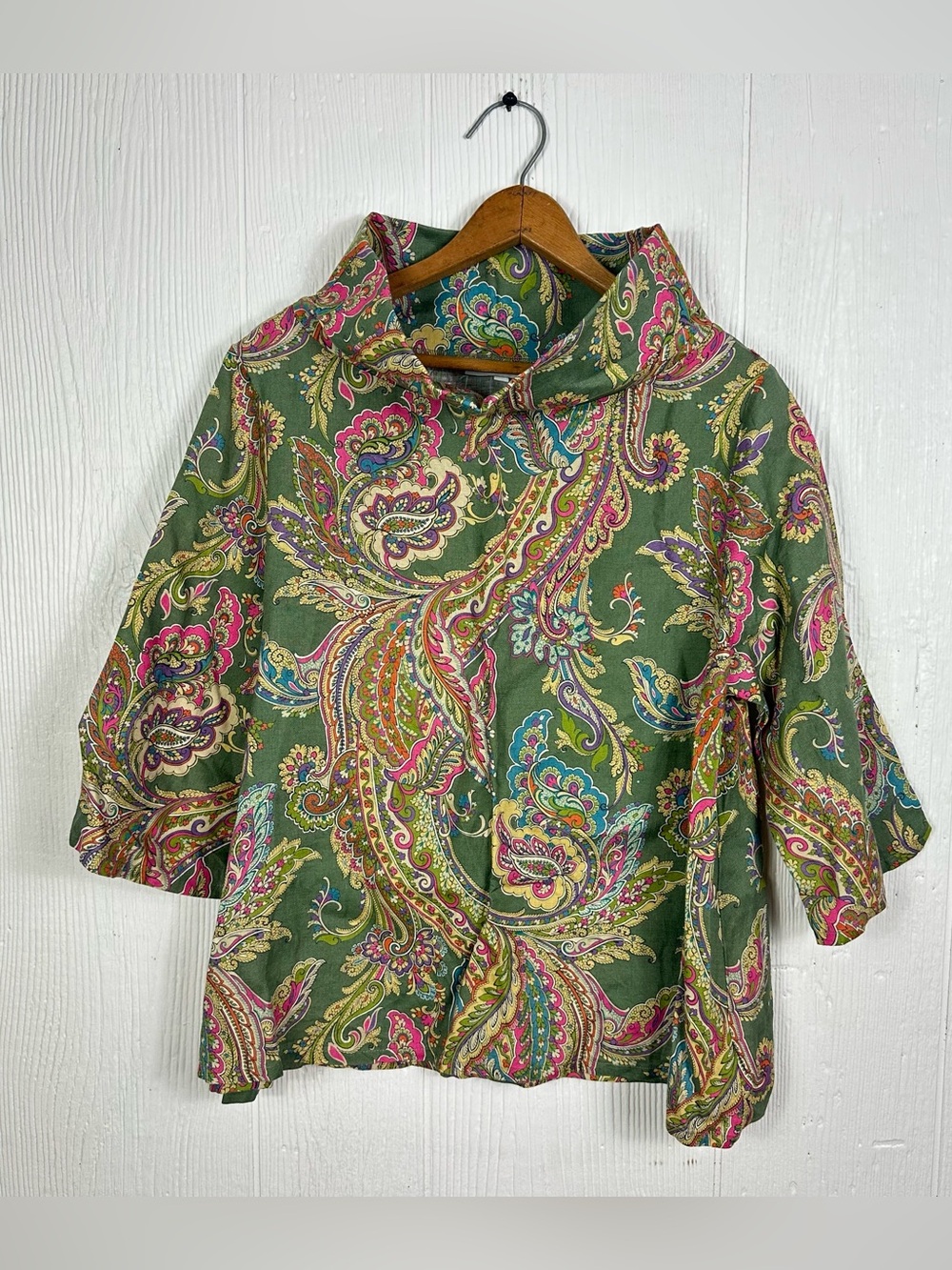 Bryn Walker Etta Cowl Neck Linen Paisley Top Green Womens Artsy Medium